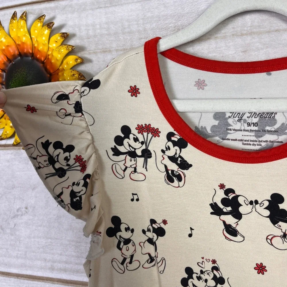 Tiny Threads Kids Mickey Minnie Mouse Bamboo Viscose Nightgown Red Cream 9/10